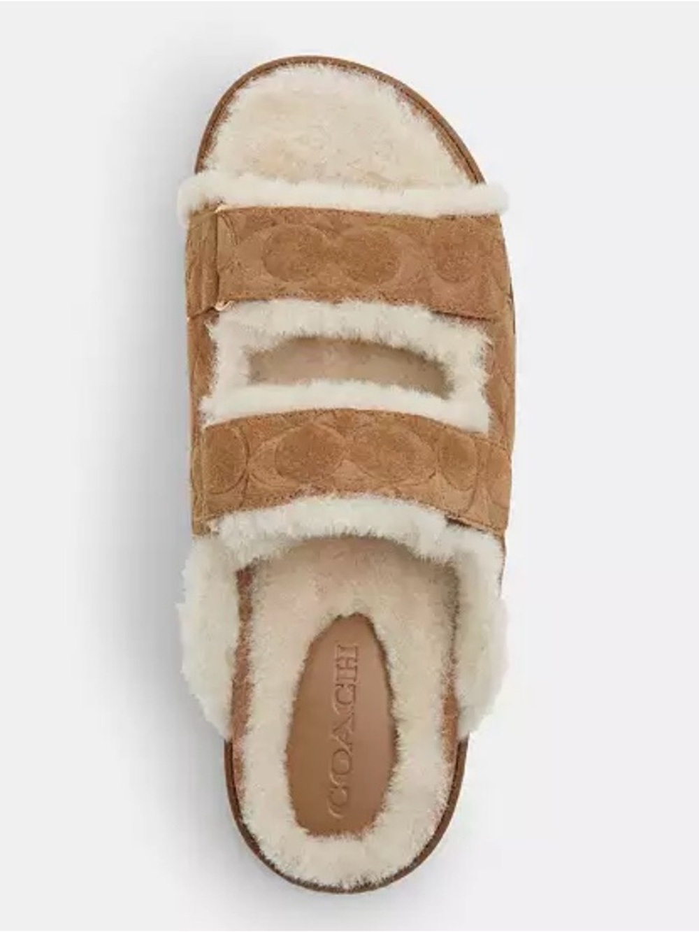 Coach Suede Shearling Double-Strap Slide in Chestnut and Cream